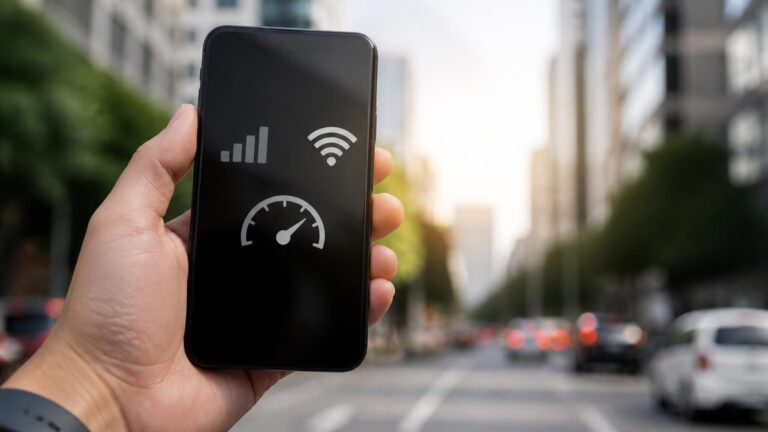 Usuário comparando sinal 4G e 5G em smartphone, com ícones de velocidade e latência
