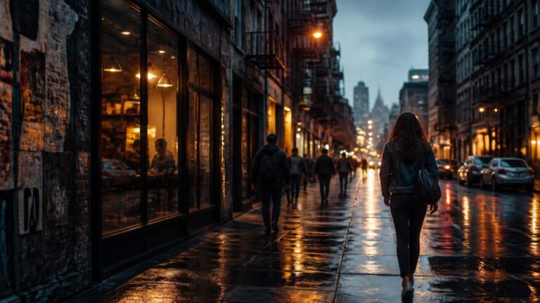 Cena de rua com iluminação realista, NPCs e detalhe ambiental em um mundo aberto.