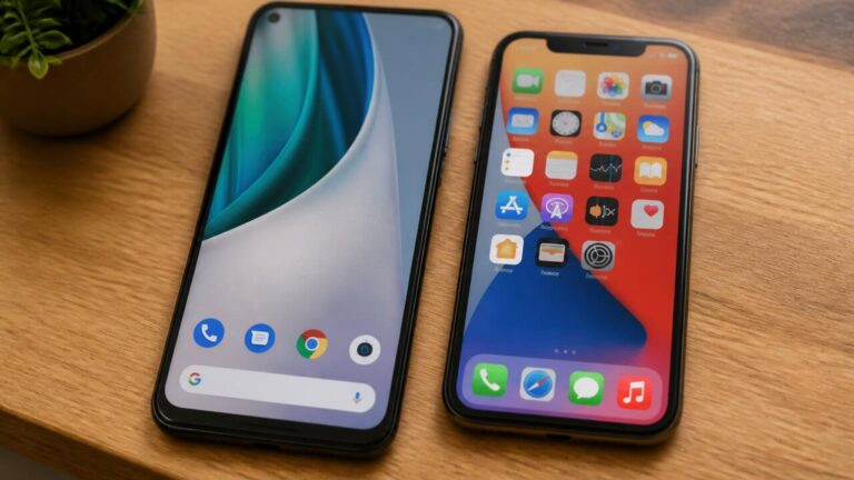 Dois smartphones lado a lado representando Android e iOS sobre uma mesa