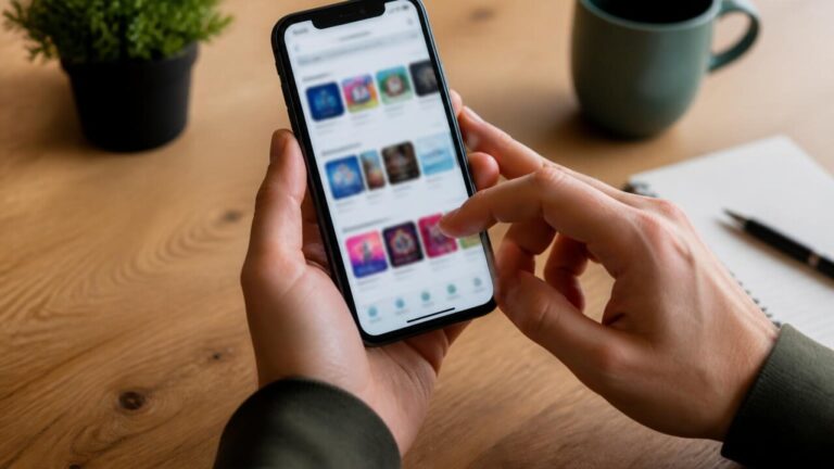 Tela de smartphone com loja de aplicativos vazia e ícone de busca