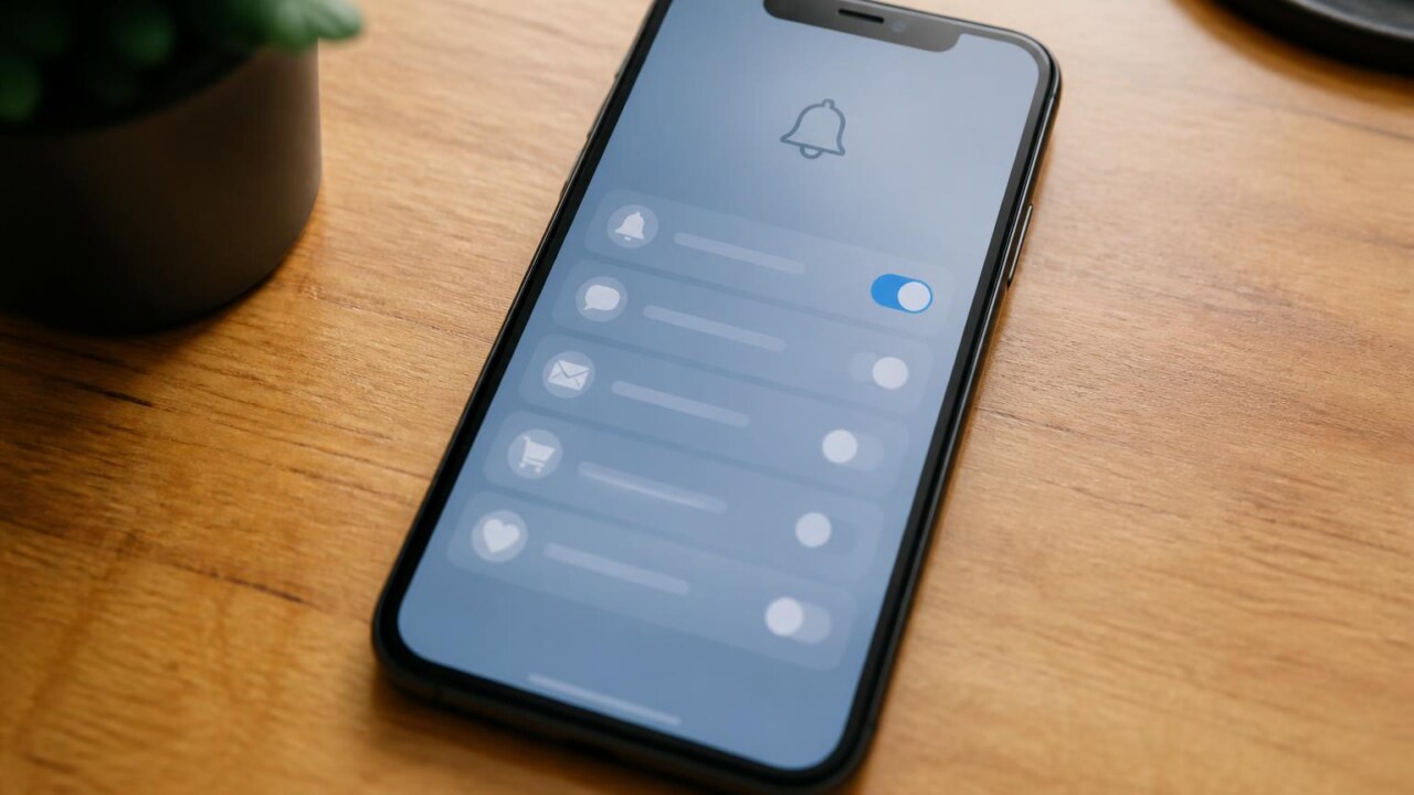Telefone com tela mostrando ícone de notificação e lista de configurações de notificações