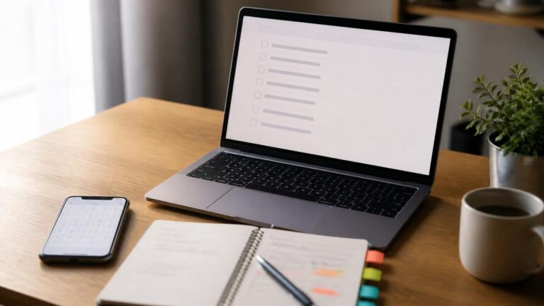 Pessoa trabalhando em laptop com agenda e lista de tarefas organizada ao lado