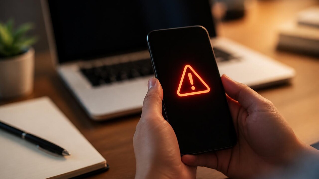 Pessoa segurando um smartphone com alerta de segurança na tela, mesa ao fundo com laptop fechado