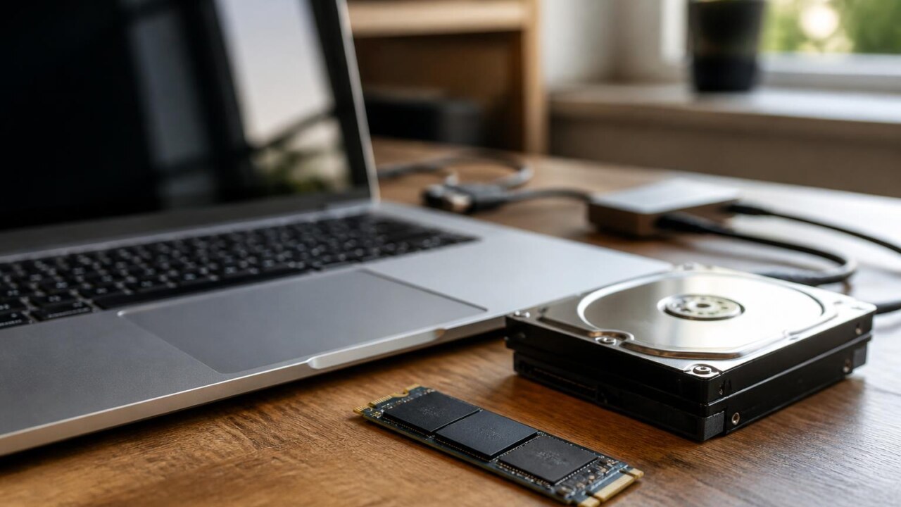 Close de um laptop com SSD e ícones de arquivos digitais ao redor