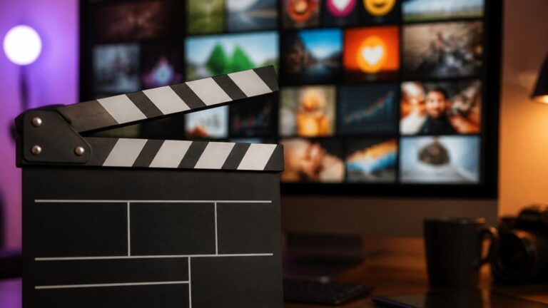 Montagem de tela de vídeo com elementos de redes sociais e ícones de memes sobreposta a uma claquete de cinema