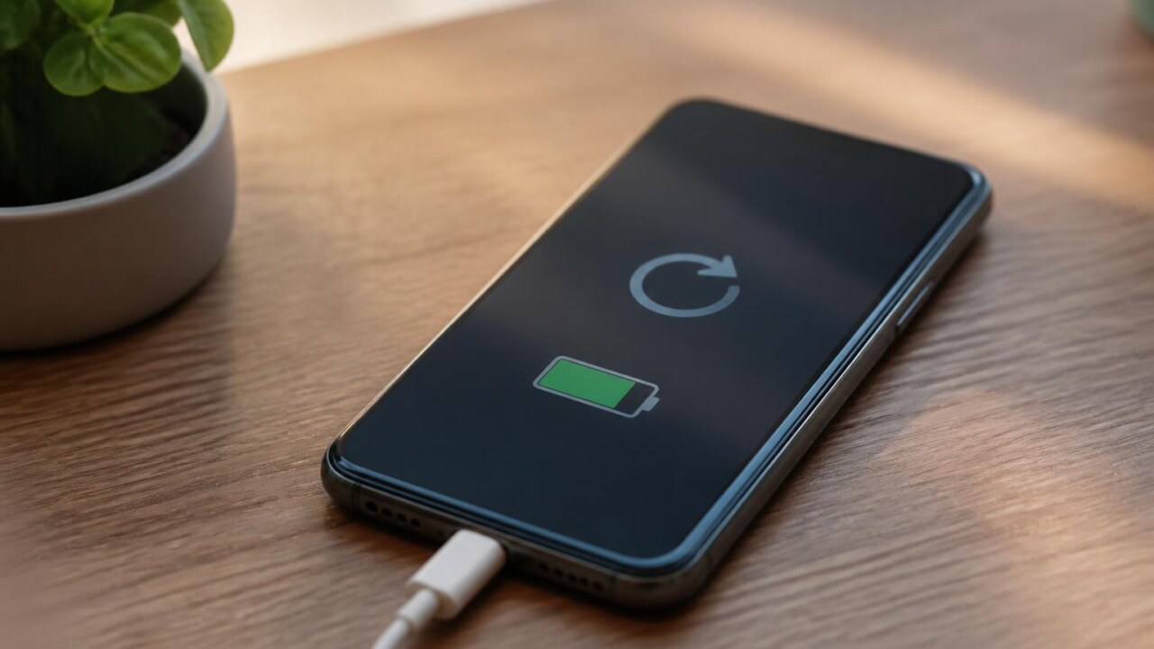Smartphone com indicador de bateria baixo e ícones de atualização ao fundo