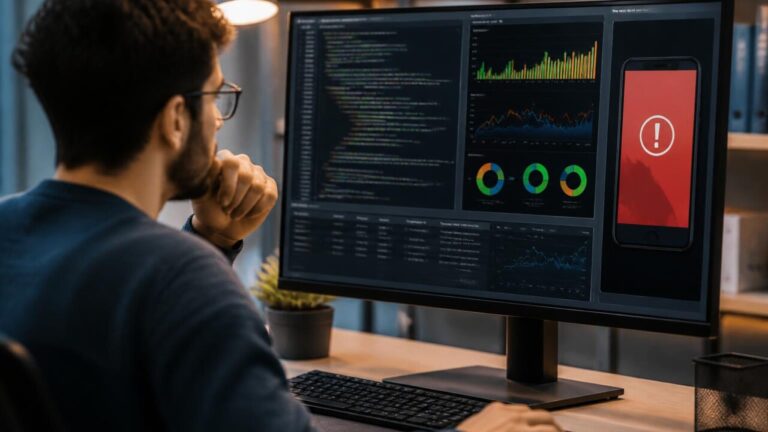 Pessoa analisando logs e gráficos de telemetria em tela de computador para diagnosticar erro de atualização de aplicativo
