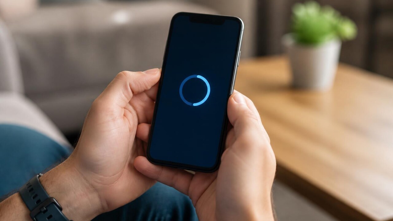 Pessoa segurando um smartphone com tela de atualização em segundo plano