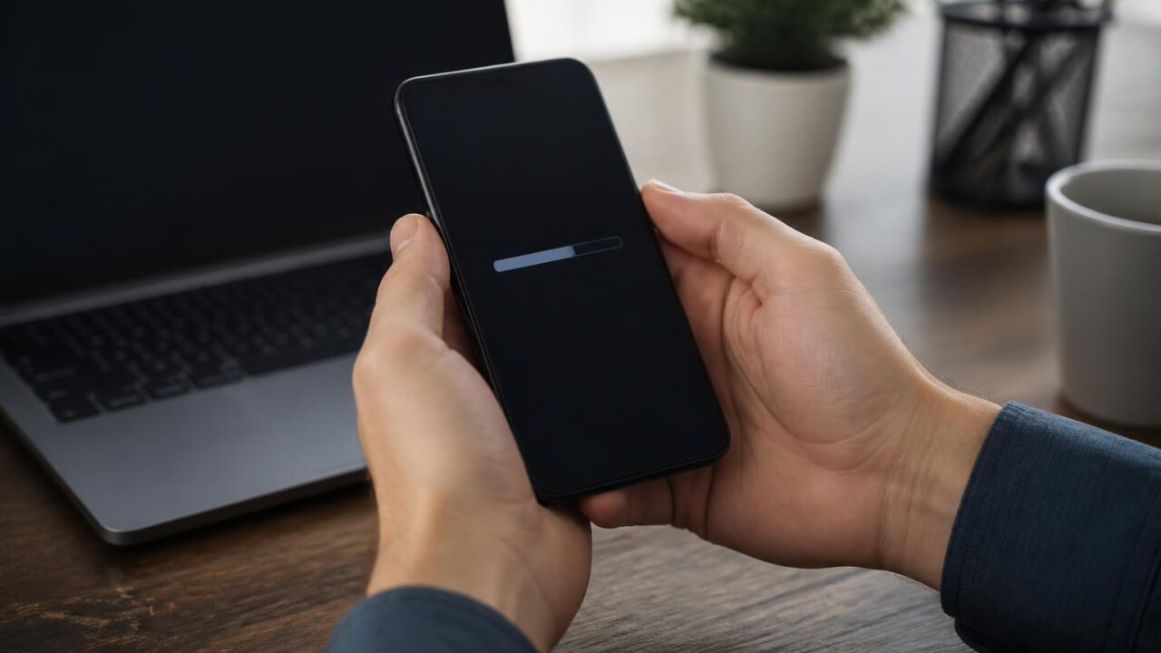 Pessoa verificando atualização travada em um dispositivo eletrônico com tela mostrando progresso de download parado