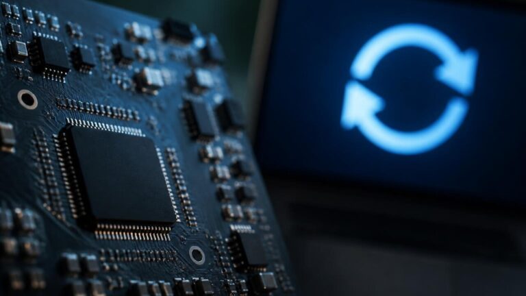 Placa eletrônica com chip e indicador de atualização em tela digital