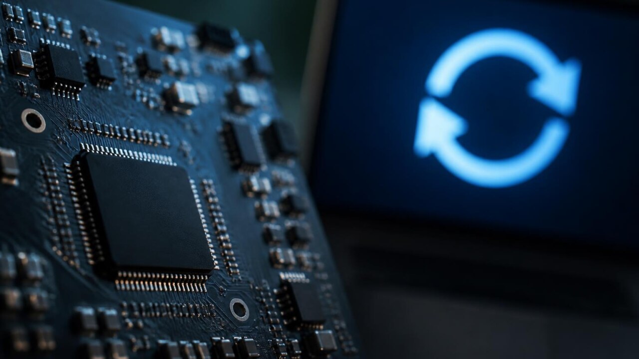 Placa eletrônica com chip e indicador de atualização em tela digital