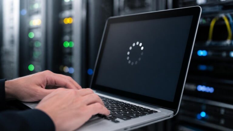 Pessoa aplicando atualização de segurança em laptop com servidor ao fundo