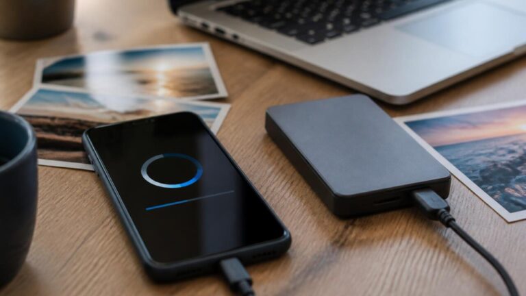 Pessoa segurando smartphone com tela de atualização enquanto um disco externo e fotos impressas estão sobre a mesa.