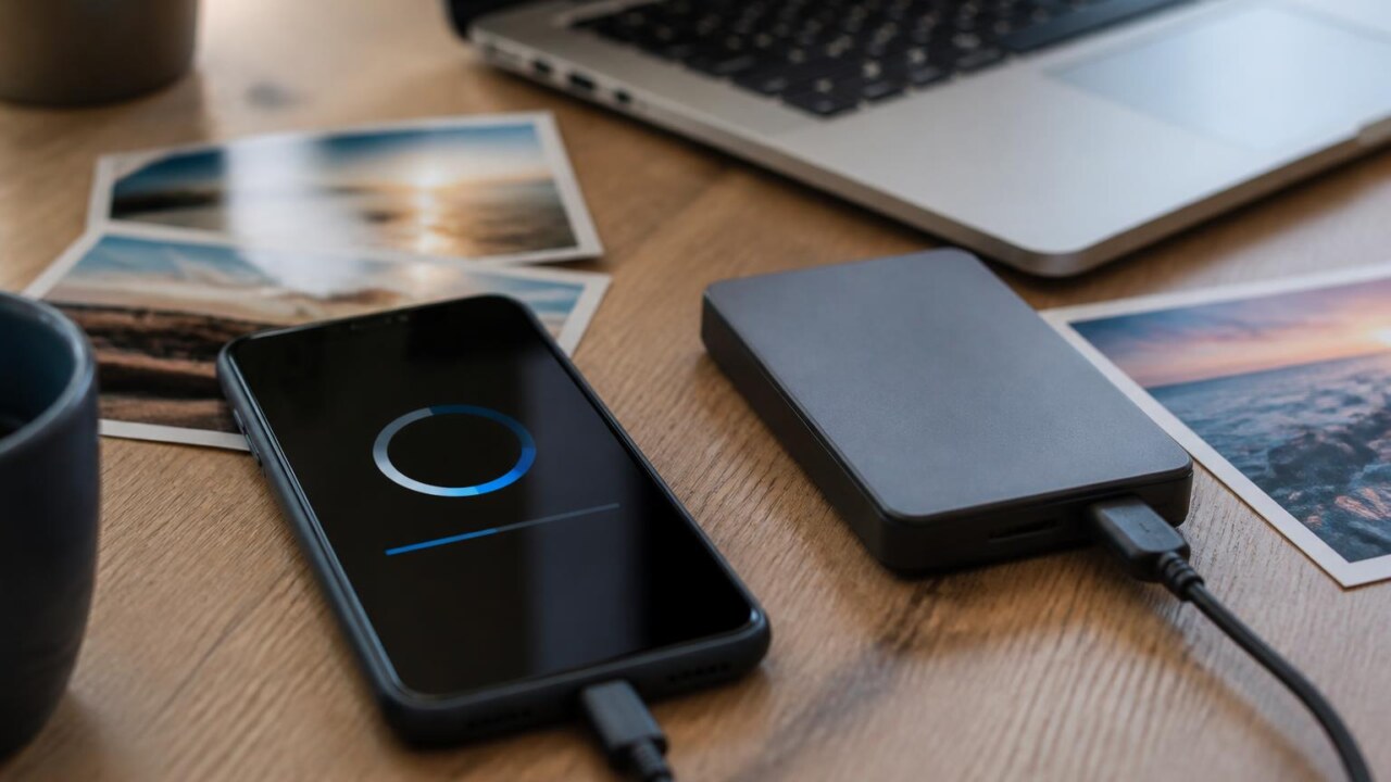 Pessoa segurando smartphone com tela de atualização enquanto um disco externo e fotos impressas estão sobre a mesa.