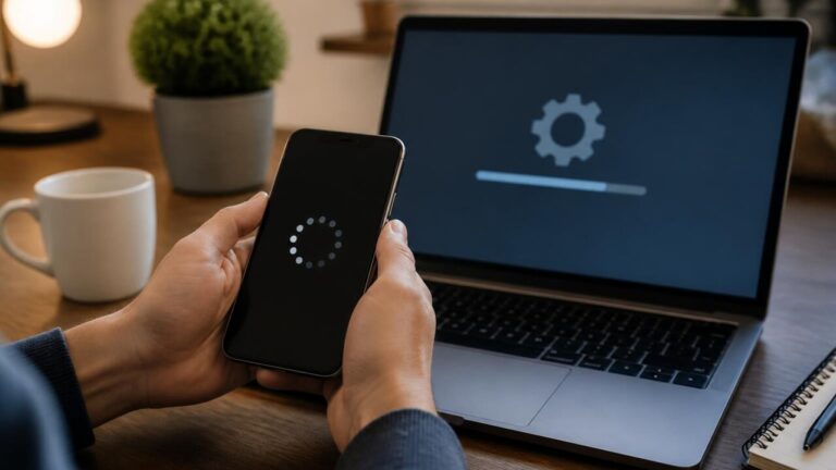 Pessoa usando smartphone e computador verificando atualizações de apps