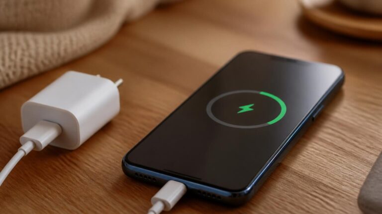 Smartphone conectado a carregador com indicador de carga rápida em ambiente interno.