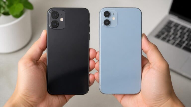 Mãos segurando dois celulares lado a lado para comparação