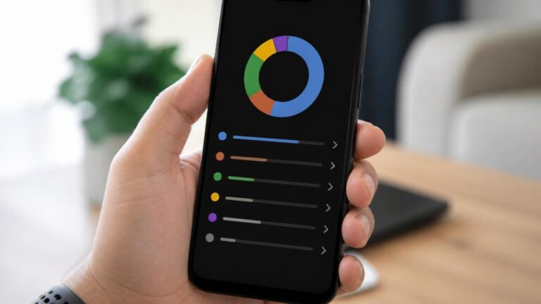 Tela de smartphone mostrando uso de armazenamento dividido por categorias