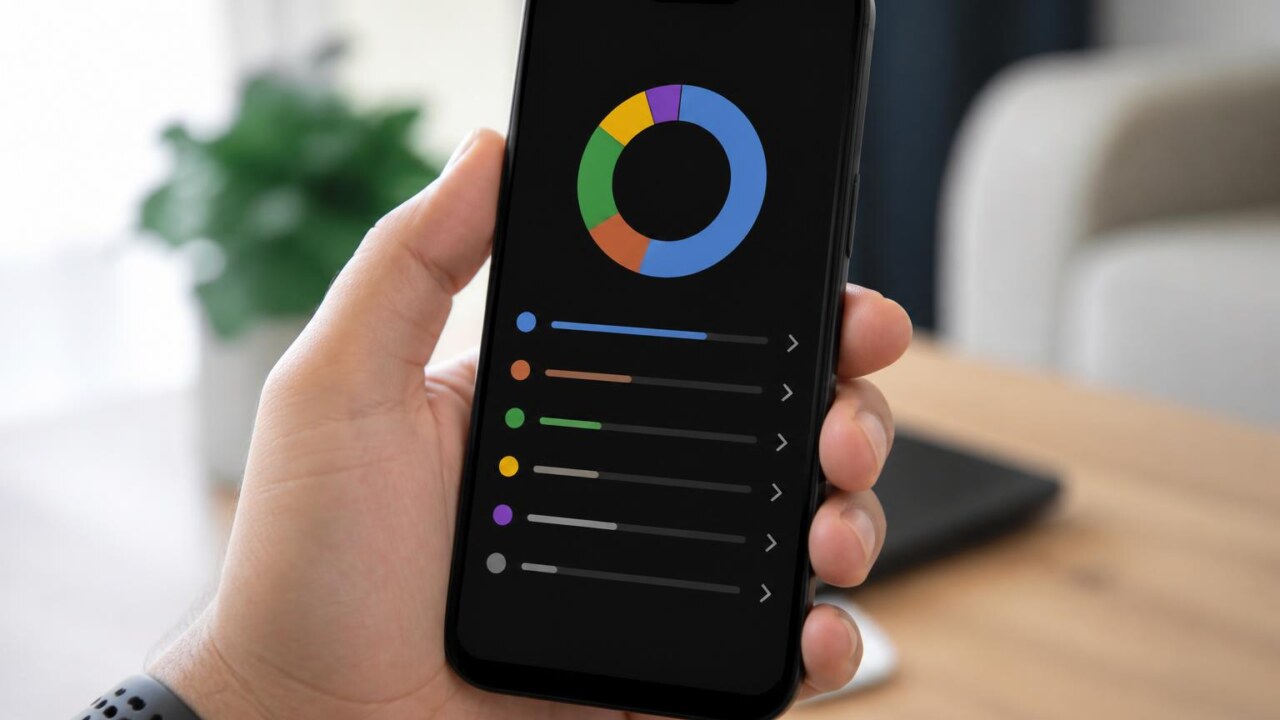 Tela de smartphone mostrando uso de armazenamento dividido por categorias