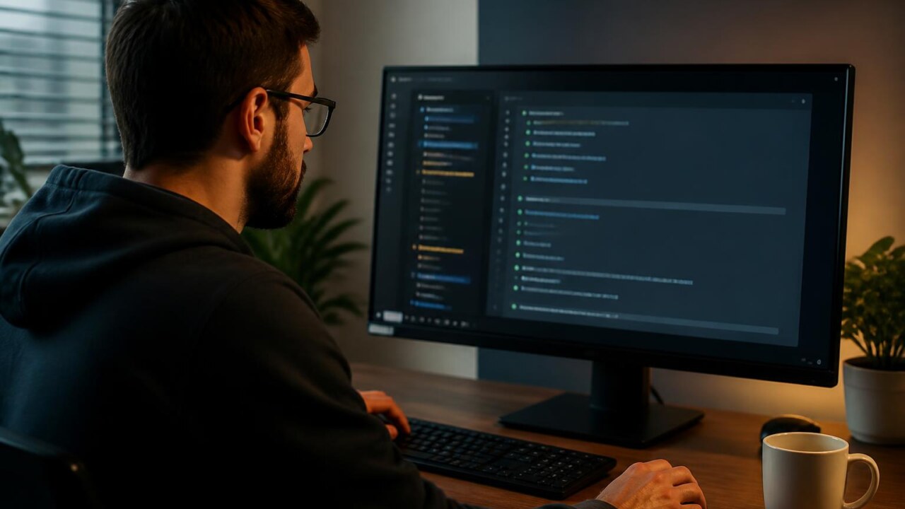 Pessoa analisando changelog e notas de versão em tela de computador