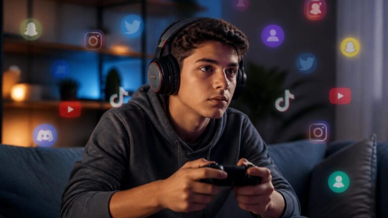 Jogador segurando controle com ícones de redes sociais flutuando ao redor representando integração social no jogo