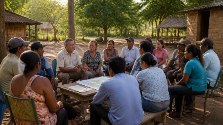 Comunidade rural reunida em roda de conversa ao ar livre discutindo projetos locais