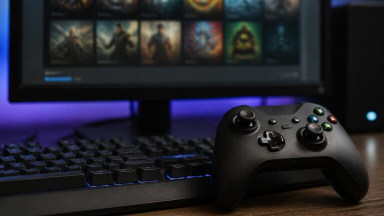 Controle de videogame ao lado de um teclado e uma tela exibindo 'Cancelamento de pré-venda'.