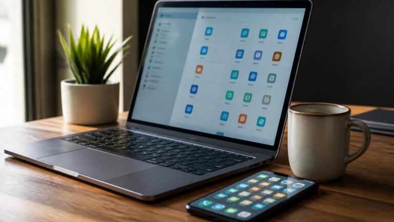 Pessoa ajustando configurações de aplicativos no laptop e no smartphone em uma mesa de trabalho