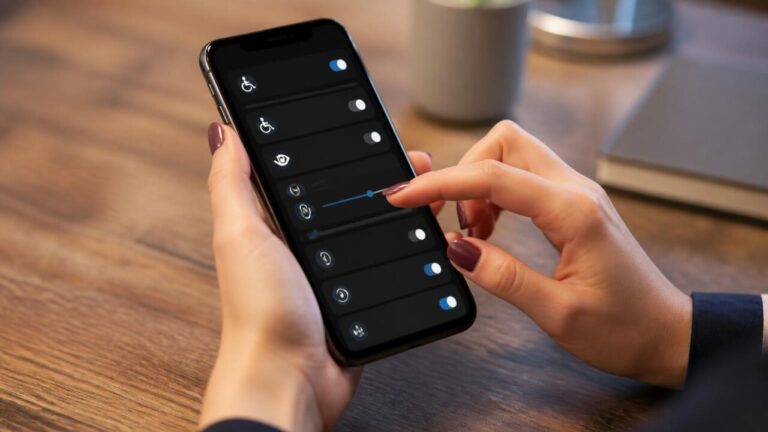 Pessoa segurando um celular com tela de configurações de acessibilidade aberta
