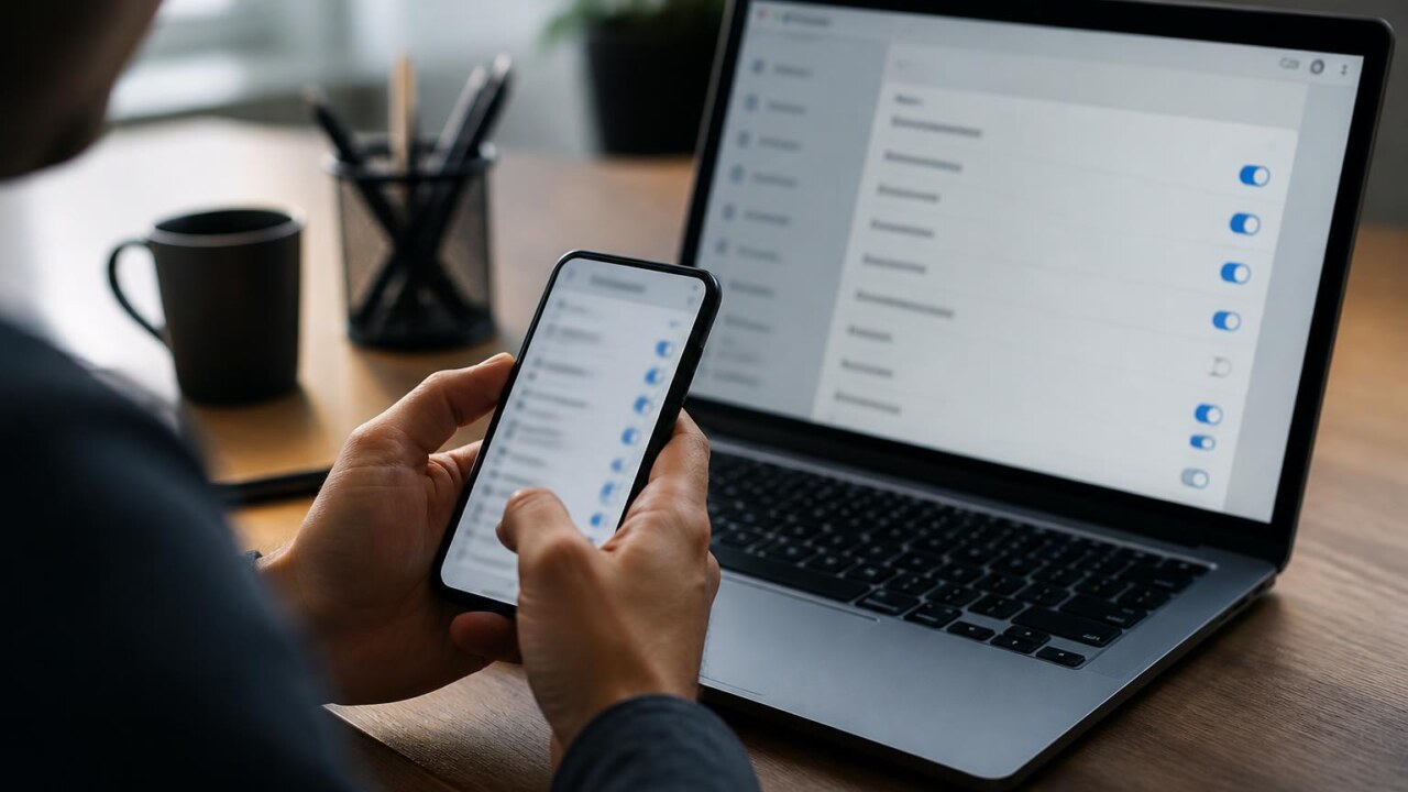 Pessoa ajustando notificações no smartphone enquanto trabalha no computador
