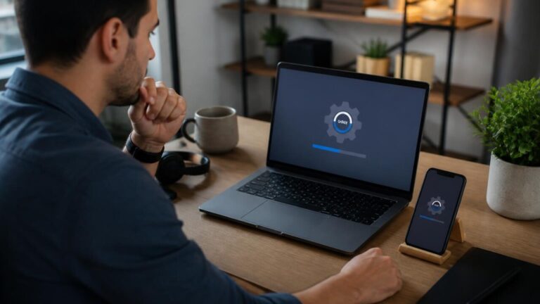 Pessoa verificando atualizações em laptop e smartphone em mesa de escritório.