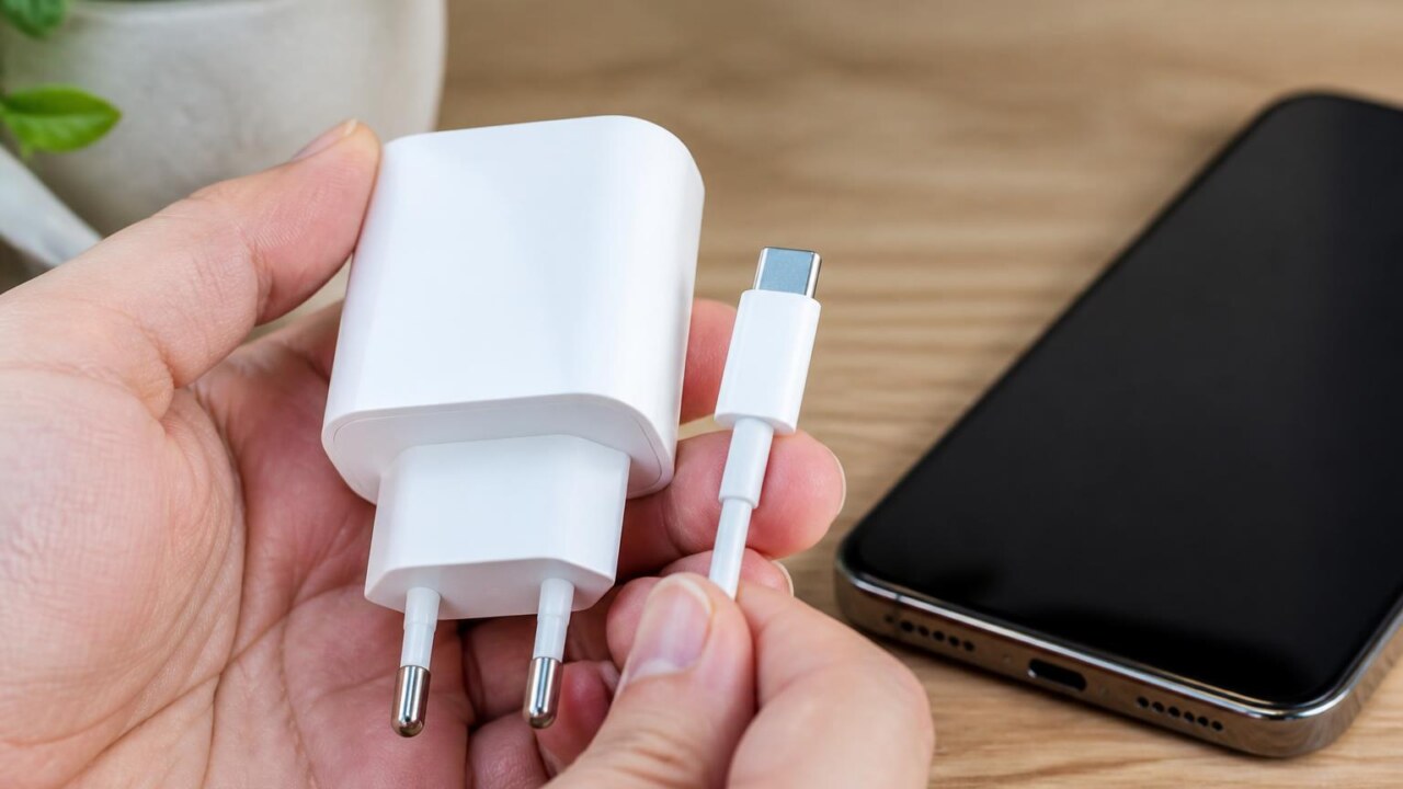 Pessoa segurando um carregador USB-C e um cabo em cima de uma mesa com smartphone ao lado