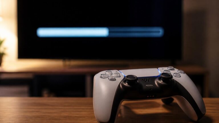 Controle de videogame sobre superfície com download em progresso na tela