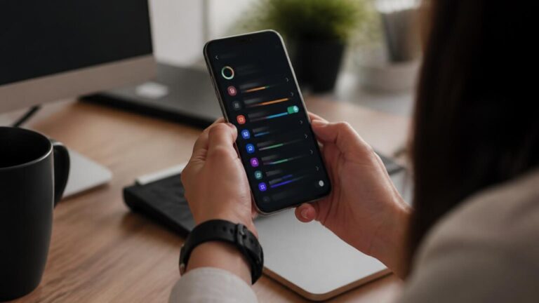 Pessoa segurando celular com tela de configurações abertas, indicando diagnóstico de desempenho