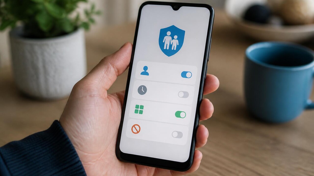 Pessoa segurando smartphone mostrando configurações de controle parental em tela