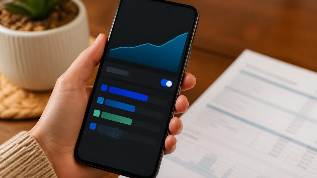 Pessoa verificando uso de dados móveis em smartphone ao lado de conta de celular