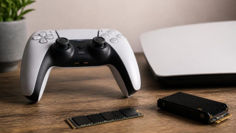 Controle de videogame sobre um SSD e uma etiqueta 'liberar espaço' em plano de fundo