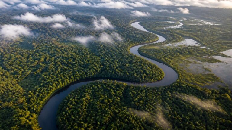 Vista aérea de floresta tropical com rio serpenteando e trechos alagados visíveis