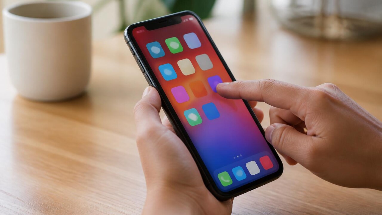 Pessoa reorganizando ícones de aplicativos na tela inicial de um smartphone moderno.