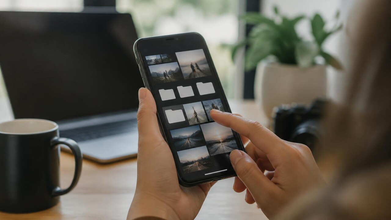 Pessoa organizando fotos e arquivos em um smartphone sobre uma mesa com notebook ao fundo