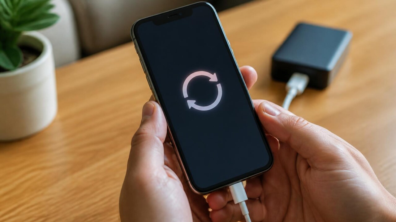 Pessoa segurando um smartphone conectado a carregador, preparando para atualização do sistema