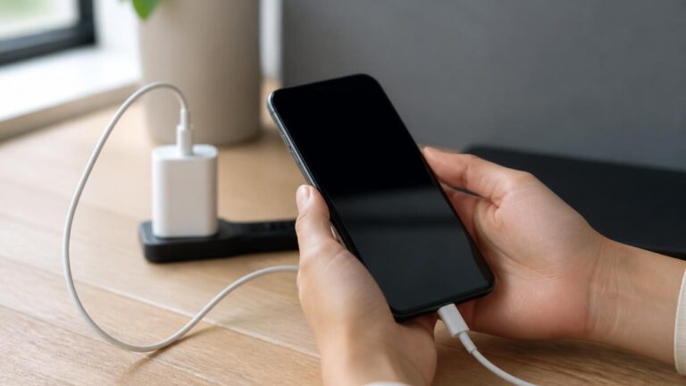 Pessoa carregando smartphone em mesa com carregador e luz suave