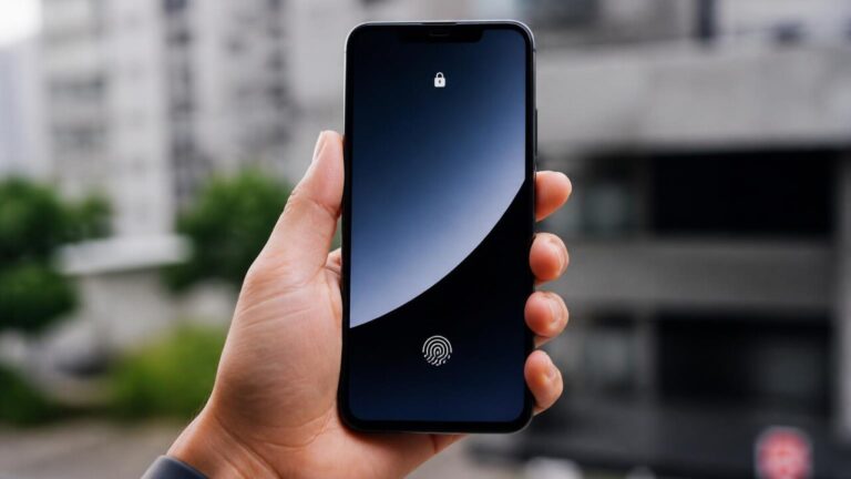 Pessoa segurando smartphone mostrando tela de bloqueio, com ícones de cadeado e digital.