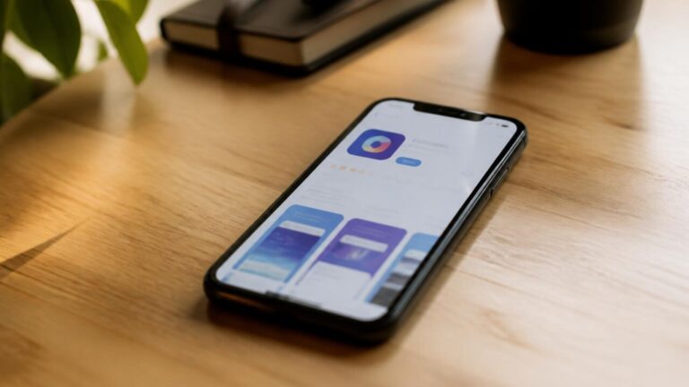 Smartphone exibindo loja de aplicativos com um app suspeito em destaque