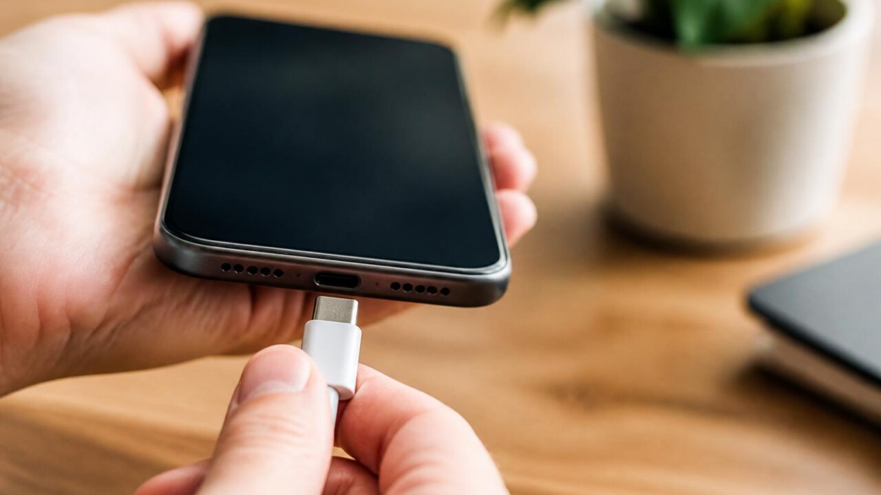 Pessoa comparando um cabo e um celular sobre uma mesa, verificando compatibilidade