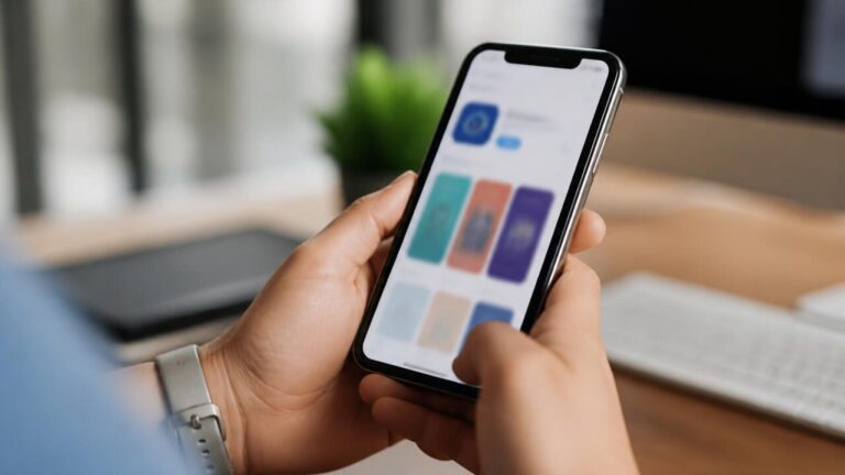 Pessoa verificando atualização de aplicativo no smartphone com a loja de apps aberta