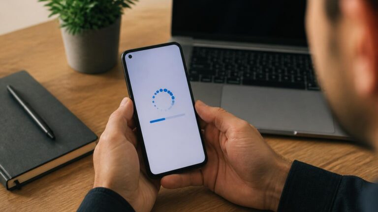 Pessoa verificando atualização do sistema em smartphone com tela mostrando informações de versão