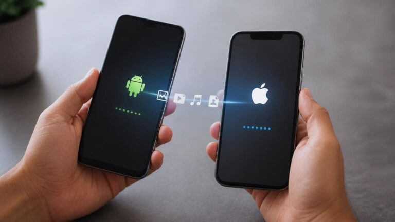 Pessoa transferindo dados entre dois celulares com cabo e ícones de aplicativos ao redor
