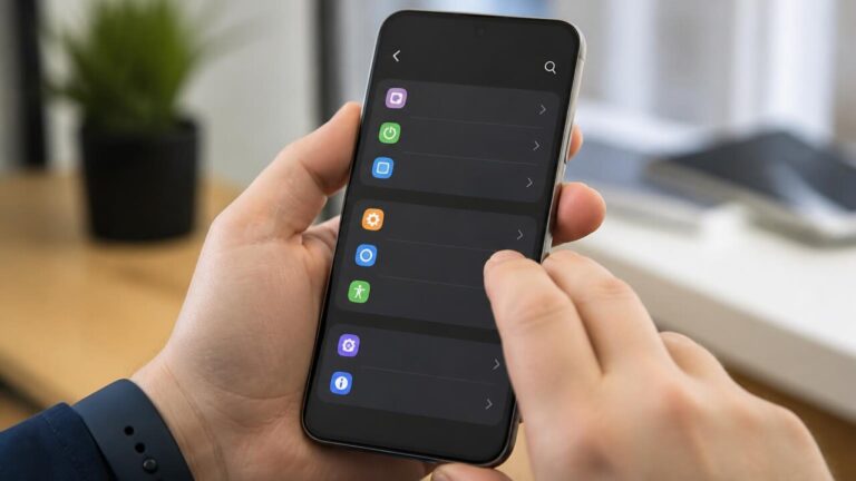 Pessoa segurando um smartphone com a tela de ajustes aberta indicando informações do sistema