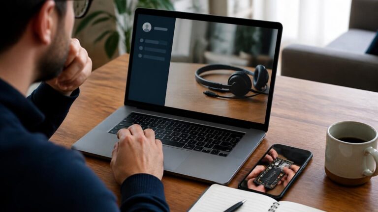 Pessoa consultando a página de suporte de um fabricante no laptop enquanto verifica a etiqueta de um smartphone sobre a mesa.